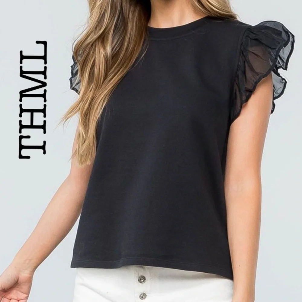 New THML Danica French Terry Black Ruffle Sleeve Top Size Medium - Picture 1 of 10